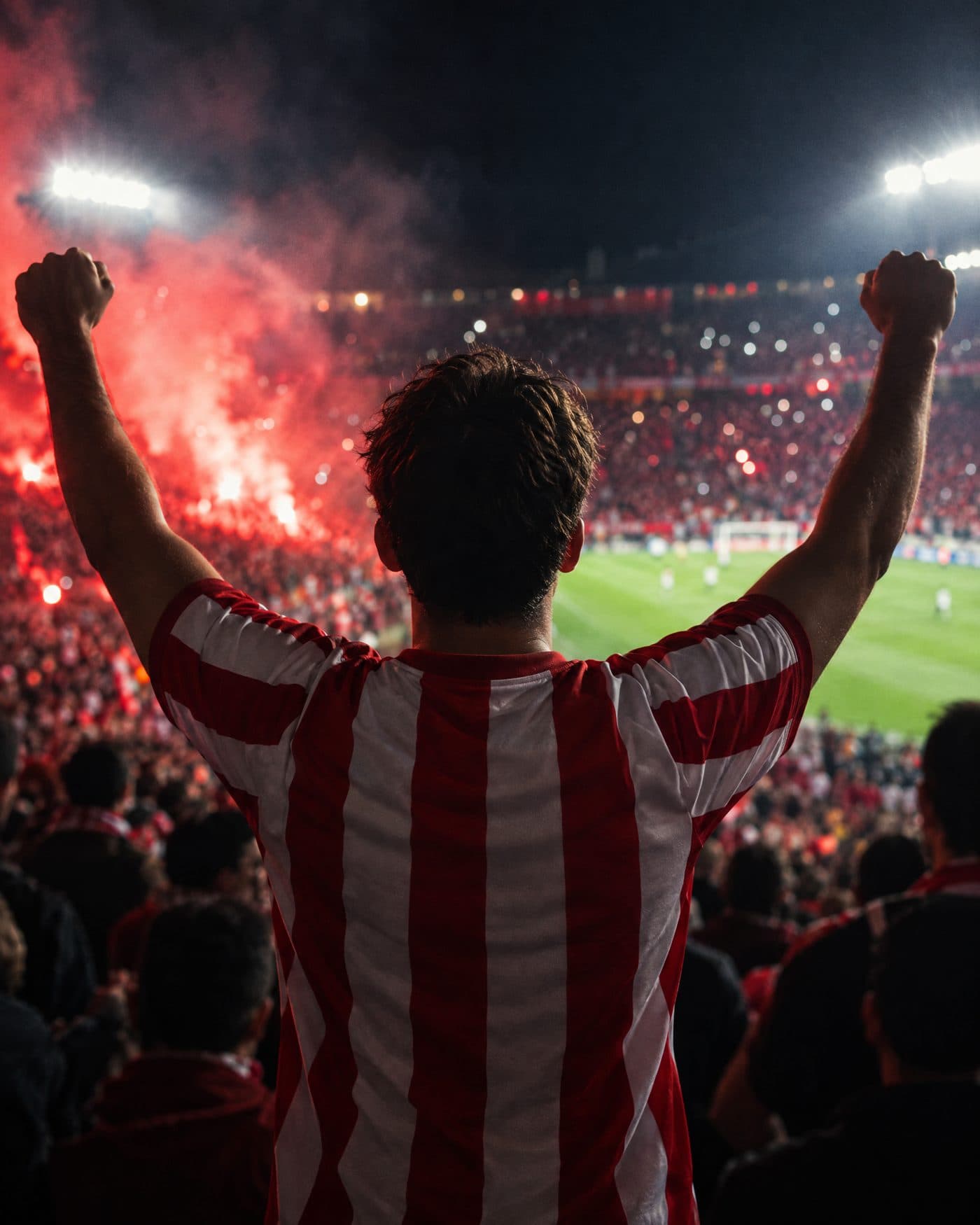 Fan in a striped shirt with arms raised under the floodlights